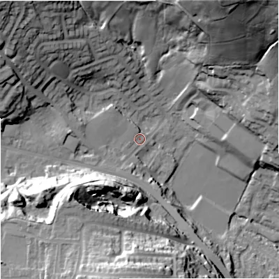 Shaded relief map of the ground around OL127RQ, computed from Environment Agency LiDAR. The ground here sits at about 165 m above sea level and falls 58 m across the surrounding 800 m. Surface water reaching this point runs off ground lying to the south-west, 31.4 m higher.
