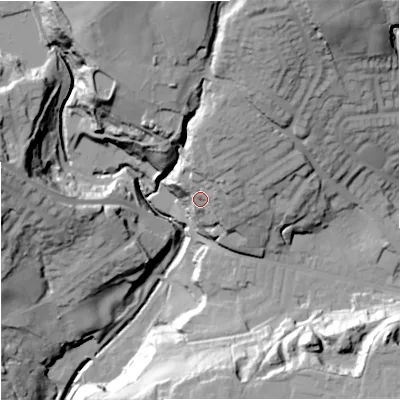 Shaded relief map of the ground around OL127SN, computed from Environment Agency LiDAR. The ground here sits at about 178 m above sea level and falls 61 m across the surrounding 800 m. Surface water reaching this point runs off ground lying to the north-east, 12.3 m higher.