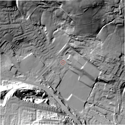 Shaded relief map of the ground around OL127SU, computed from Environment Agency LiDAR. The ground here sits at about 162 m above sea level and falls 62 m across the surrounding 800 m. Surface water reaching this point runs off ground lying to the north-north-east, 56.0 m higher.