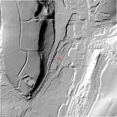 Shaded relief map of the ground around OL128AD, computed from Environment Agency LiDAR. The ground here sits at about 230 m above sea level and falls 80 m across the surrounding 800 m. Surface water reaching this point runs off ground lying to the north-west, 63.9 m higher.