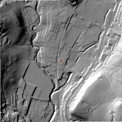 Shaded relief map of the ground around OL128AT, computed from Environment Agency LiDAR. The ground here sits at about 222 m above sea level and falls 65 m across the surrounding 800 m. Surface water reaching this point runs off ground lying to the north, 8.8 m higher.