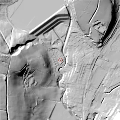 Shaded relief map of the ground around OL128AW, computed from Environment Agency LiDAR. The ground here sits at about 227 m above sea level and falls 88 m across the surrounding 800 m. Surface water reaching this point runs off ground lying to the west, 77.4 m higher.