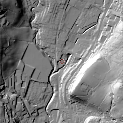 Shaded relief map of the ground around OL128AY, computed from Environment Agency LiDAR. The ground here sits at about 216 m above sea level and falls 66 m across the surrounding 800 m. Surface water reaching this point runs off ground lying to the north-west, 5.0 m higher.