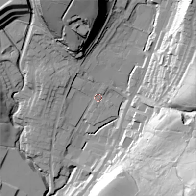 Shaded relief map of the ground around OL128BA, computed from Environment Agency LiDAR. The ground here sits at about 223 m above sea level and falls 73 m across the surrounding 800 m. Surface water reaching this point runs off ground lying to the north-north-west, 43.2 m higher.