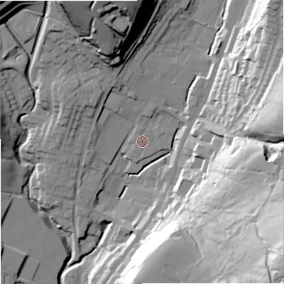 Shaded relief map of the ground around OL128BB, computed from Environment Agency LiDAR. The ground here sits at about 223 m above sea level and falls 73 m across the surrounding 800 m. Surface water reaching this point runs off ground lying to the west-south-west, 0.6 m higher.