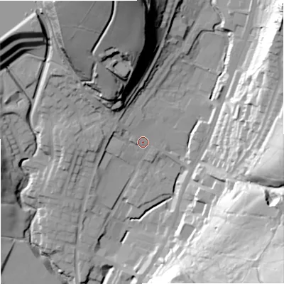 Shaded relief map of the ground around OL128BE, computed from Environment Agency LiDAR. The ground here sits at about 225 m above sea level and falls 66 m across the surrounding 800 m. Surface water reaching this point runs off ground lying to the north-north-west, 50.3 m higher.
