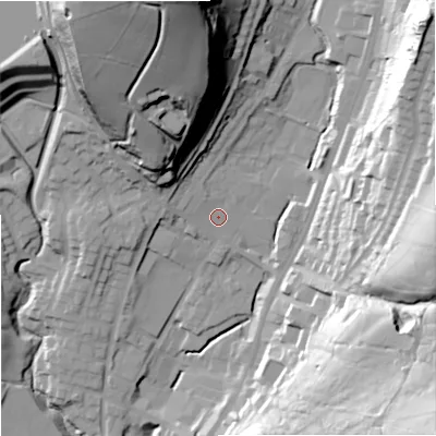 Shaded relief map of the ground around OL128BG, computed from Environment Agency LiDAR. The ground here sits at about 225 m above sea level and falls 66 m across the surrounding 800 m. Surface water reaching this point runs off ground lying to the north-west, 25.9 m higher.