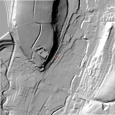 Shaded relief map of the ground around OL128BT, computed from Environment Agency LiDAR. The ground here sits at about 228 m above sea level and falls 71 m across the surrounding 800 m. Surface water reaching this point runs off ground lying to the north-north-west, 44.7 m higher.