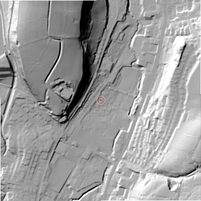 Shaded relief map of the ground around OL128BU, computed from Environment Agency LiDAR. The ground here sits at about 226 m above sea level and falls 71 m across the surrounding 800 m. Surface water reaching this point runs off ground lying to the north-west, 44.4 m higher.