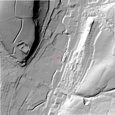 Shaded relief map of the ground around OL128BX, computed from Environment Agency LiDAR. The ground here sits at about 224 m above sea level and falls 68 m across the surrounding 800 m. Surface water reaching this point runs off ground lying to the north-west, 62.8 m higher.