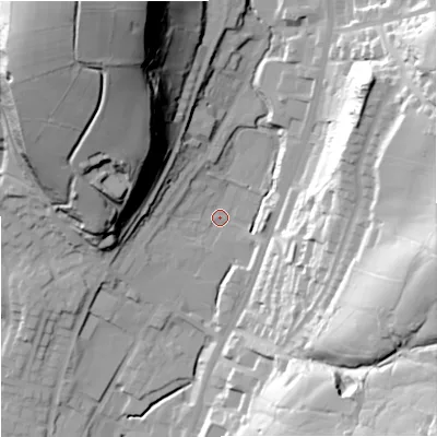 Shaded relief map of the ground around OL128BZ, computed from Environment Agency LiDAR. The ground here sits at about 224 m above sea level and falls 68 m across the surrounding 800 m. Surface water reaching this point runs off ground lying to the north-north-west, 62.5 m higher.