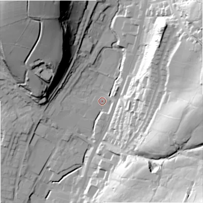 Shaded relief map of the ground around OL128DA, computed from Environment Agency LiDAR. The ground here sits at about 224 m above sea level and falls 77 m across the surrounding 800 m. Surface water reaching this point runs off ground lying to the east-north-east, 2.4 m higher.