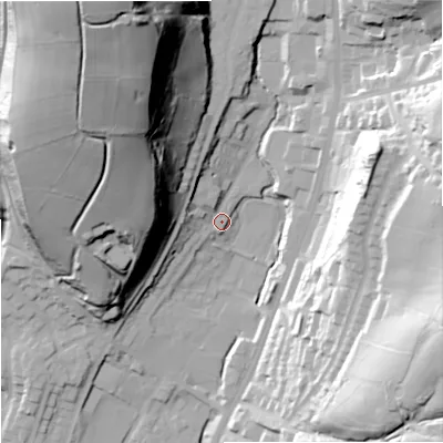 Shaded relief map of the ground around OL128DB, computed from Environment Agency LiDAR. The ground here sits at about 228 m above sea level and falls 77 m across the surrounding 800 m. Surface water reaching this point runs off ground lying to the north-west, 45.7 m higher.