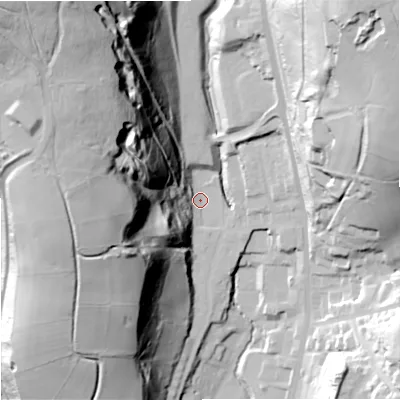 Shaded relief map of the ground around OL128DE, computed from Environment Agency LiDAR. The ground here sits at about 236 m above sea level and falls 96 m across the surrounding 800 m. Surface water reaching this point runs off ground lying to the north-west, 88.7 m higher.