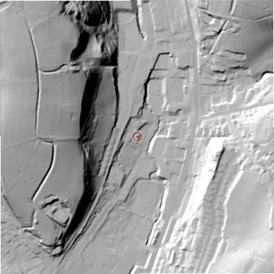 Shaded relief map of the ground around OL128DH, computed from Environment Agency LiDAR. The ground here sits at about 231 m above sea level and falls 82 m across the surrounding 800 m. Surface water reaching this point runs off ground lying to the north-north-west, 7.5 m higher.