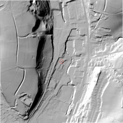Shaded relief map of the ground around OL128DJ, computed from Environment Agency LiDAR. The ground here sits at about 232 m above sea level and falls 81 m across the surrounding 800 m. Surface water reaching this point runs off ground lying to the north-west, 5.2 m higher.