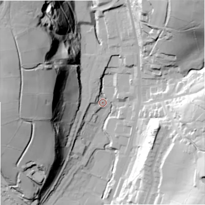 Shaded relief map of the ground around OL128DL, computed from Environment Agency LiDAR. The ground here sits at about 231 m above sea level and falls 84 m across the surrounding 800 m. Surface water reaching this point runs off ground lying to the north-west, 74.8 m higher.