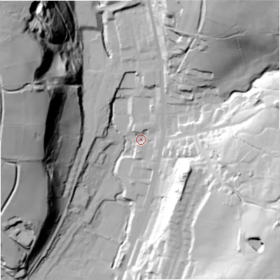 Shaded relief map of the ground around OL128DN, computed from Environment Agency LiDAR. The ground here sits at about 231 m above sea level and falls 80 m across the surrounding 800 m. Surface water reaching this point runs off ground lying to the north-north-east, 57.4 m higher.
