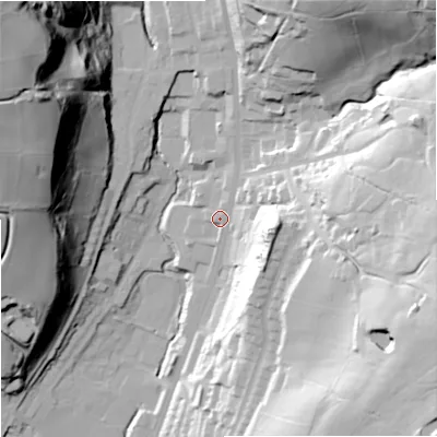 Shaded relief map of the ground around OL128DP, computed from Environment Agency LiDAR. The ground here sits at about 234 m above sea level and falls 78 m across the surrounding 800 m. Surface water reaching this point runs off ground lying to the east-south-east, 60.0 m higher.