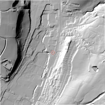 Shaded relief map of the ground around OL128DR, computed from Environment Agency LiDAR. The ground here sits at about 231 m above sea level and falls 78 m across the surrounding 800 m. Surface water reaching this point runs off ground lying to the east-south-east, 60.7 m higher.