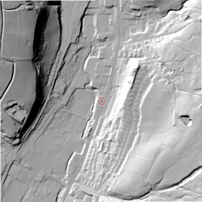 Shaded relief map of the ground around OL128DS, computed from Environment Agency LiDAR. The ground here sits at about 231 m above sea level and falls 77 m across the surrounding 800 m. Surface water reaching this point runs off ground lying to the east, 59.9 m higher.