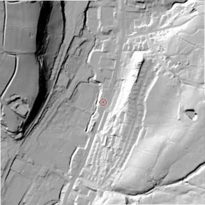 Shaded relief map of the ground around OL128DT, computed from Environment Agency LiDAR. The ground here sits at about 230 m above sea level and falls 74 m across the surrounding 800 m. Surface water reaching this point runs off ground lying to the north-east, 33.0 m higher.