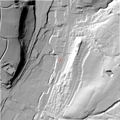 Shaded relief map of the ground around OL128DU, computed from Environment Agency LiDAR. The ground here sits at about 231 m above sea level and falls 77 m across the surrounding 800 m. Surface water reaching this point runs off ground lying to the east, 61.7 m higher.