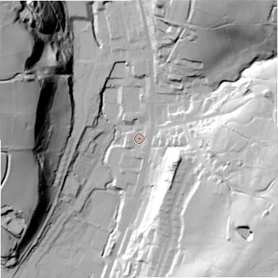 Shaded relief map of the ground around OL128DW, computed from Environment Agency LiDAR. The ground here sits at about 233 m above sea level and falls 78 m across the surrounding 800 m. Surface water reaching this point runs off ground lying to the east-north-east, 2.2 m higher.