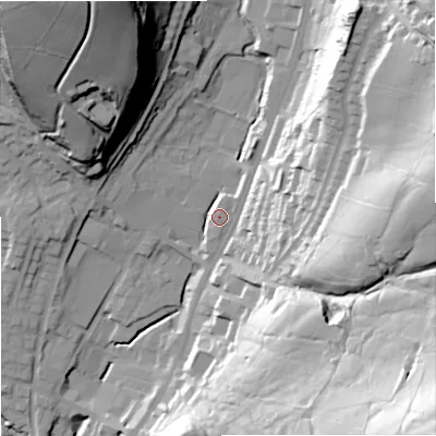 Shaded relief map of the ground around OL128DY, computed from Environment Agency LiDAR. The ground here sits at about 226 m above sea level and falls 94 m across the surrounding 800 m. Surface water reaching this point runs off ground lying to the north-north-west, 51.9 m higher.