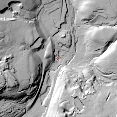 Shaded relief map of the ground around OL128EH, computed from Environment Agency LiDAR. The ground here sits at about 256 m above sea level and falls 78 m across the surrounding 800 m. Surface water reaching this point runs off ground lying to the north-west, 72.2 m higher.