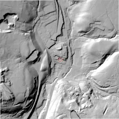 Shaded relief map of the ground around OL128EJ, computed from Environment Agency LiDAR. The ground here sits at about 261 m above sea level and falls 78 m across the surrounding 800 m. Surface water reaching this point runs off ground lying to the north-north-east, 11.3 m higher.