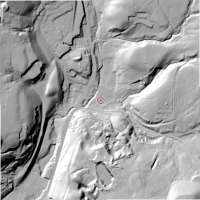 Shaded relief map of the ground around OL128EL, computed from Environment Agency LiDAR. The ground here sits at about 258 m above sea level and falls 63 m across the surrounding 800 m. Surface water reaching this point runs off ground lying to the south-east, 53.5 m higher.