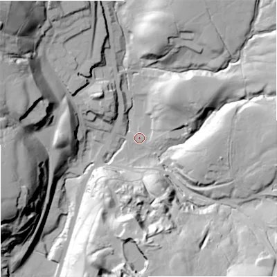 Shaded relief map of the ground around OL128EP, computed from Environment Agency LiDAR. The ground here sits at about 259 m above sea level and falls 64 m across the surrounding 800 m. Surface water reaching this point runs off ground lying to the north-east, 26.2 m higher.