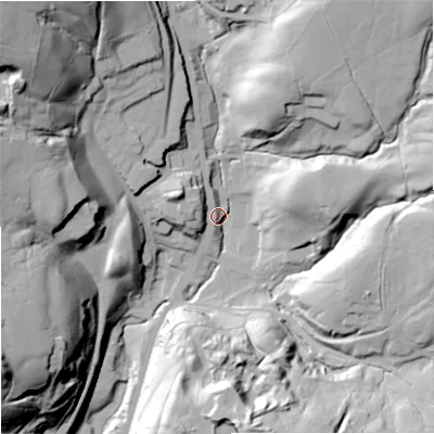 Shaded relief map of the ground around OL128HA, computed from Environment Agency LiDAR. The ground here sits at about 263 m above sea level and falls 69 m across the surrounding 800 m. Surface water reaching this point runs off ground lying to the north-east, 49.0 m higher.