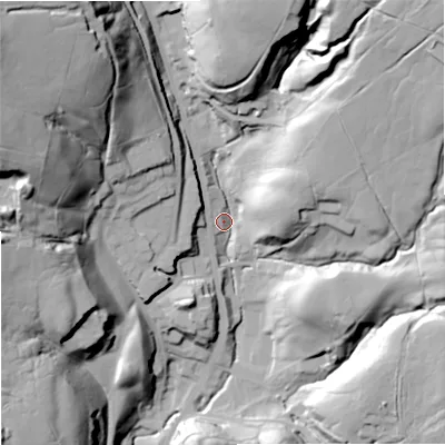 Shaded relief map of the ground around OL128HH, computed from Environment Agency LiDAR. The ground here sits at about 264 m above sea level and falls 72 m across the surrounding 800 m. Surface water reaching this point runs off ground lying to the north-west, 63.5 m higher.
