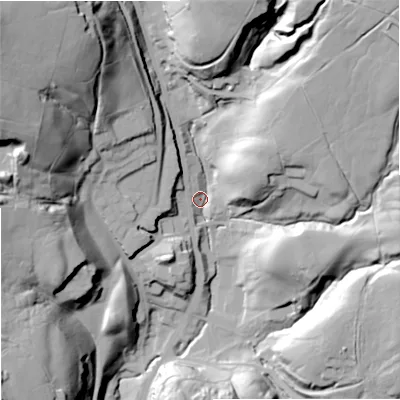 Shaded relief map of the ground around OL128HQ, computed from Environment Agency LiDAR. The ground here sits at about 262 m above sea level and falls 72 m across the surrounding 800 m. Surface water reaching this point runs off ground lying to the north-west, 64.1 m higher.