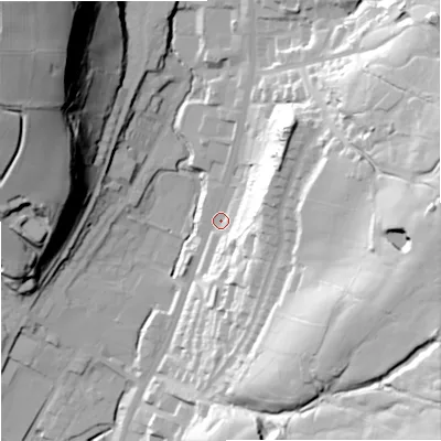 Shaded relief map of the ground around OL128JW, computed from Environment Agency LiDAR. The ground here sits at about 231 m above sea level and falls 75 m across the surrounding 800 m. Surface water reaching this point runs off ground lying to the north-east, 33.1 m higher.
