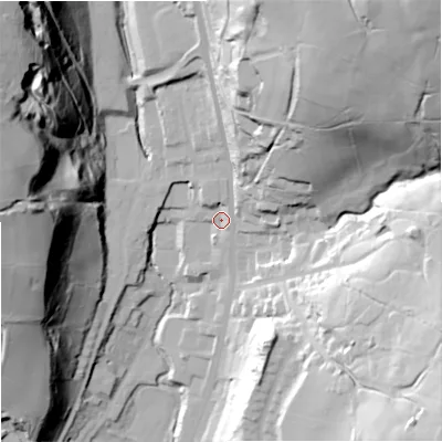 Shaded relief map of the ground around OL128JY, computed from Environment Agency LiDAR. The ground here sits at about 236 m above sea level and falls 82 m across the surrounding 800 m. Surface water reaching this point runs off ground lying to the north-north-east, 65.9 m higher.