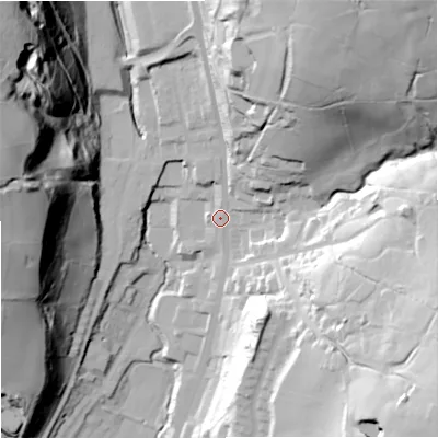 Shaded relief map of the ground around OL128LD, computed from Environment Agency LiDAR. The ground here sits at about 236 m above sea level and falls 81 m across the surrounding 800 m. Surface water reaching this point runs off ground lying to the north-north-east, 51.6 m higher.