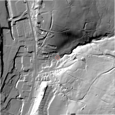 Shaded relief map of the ground around OL128LF, computed from Environment Agency LiDAR. The ground here sits at about 244 m above sea level and falls 89 m across the surrounding 800 m. Surface water reaching this point runs off ground lying to the east-south-east, 65.7 m higher.