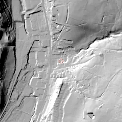 Shaded relief map of the ground around OL128LG, computed from Environment Agency LiDAR. The ground here sits at about 239 m above sea level and falls 79 m across the surrounding 800 m. Surface water reaching this point runs off ground lying to the north-east, 63.9 m higher.