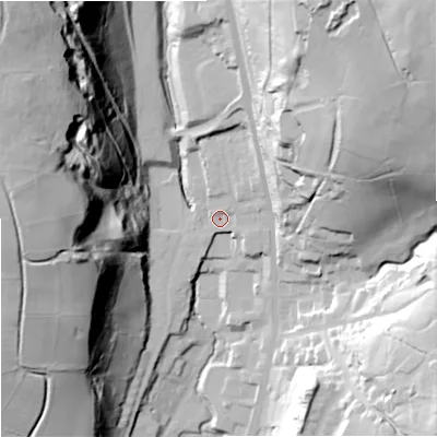 Shaded relief map of the ground around OL128LJ, computed from Environment Agency LiDAR. The ground here sits at about 237 m above sea level and falls 91 m across the surrounding 800 m. Surface water reaching this point runs off ground lying to the north-north-east, 9.6 m higher.