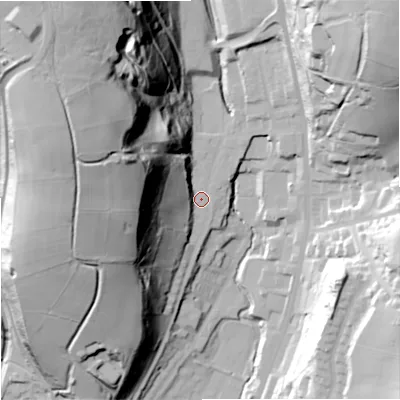 Shaded relief map of the ground around OL128LW, computed from Environment Agency LiDAR. The ground here sits at about 236 m above sea level and falls 84 m across the surrounding 800 m. Surface water reaching this point runs off ground lying to the north-north-west, 74.5 m higher.