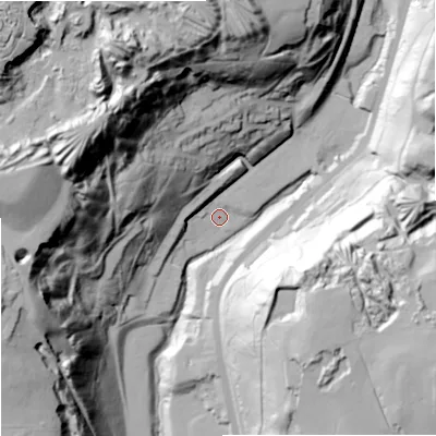Shaded relief map of the ground around OL128NG, computed from Environment Agency LiDAR. The ground here sits at about 247 m above sea level and falls 110 m across the surrounding 800 m. Surface water reaching this point runs off ground lying to the north-north-west, 92.7 m higher.