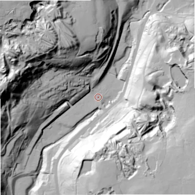 Shaded relief map of the ground around OL128NU, computed from Environment Agency LiDAR. The ground here sits at about 253 m above sea level and falls 102 m across the surrounding 800 m. Surface water reaching this point runs off ground lying to the north-west, 78.4 m higher.