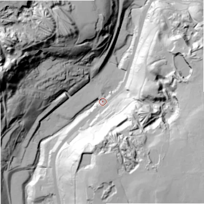 Shaded relief map of the ground around OL128NX, computed from Environment Agency LiDAR. The ground here sits at about 253 m above sea level and falls 101 m across the surrounding 800 m. Surface water reaching this point runs off ground lying to the south-south-east, 58.4 m higher.