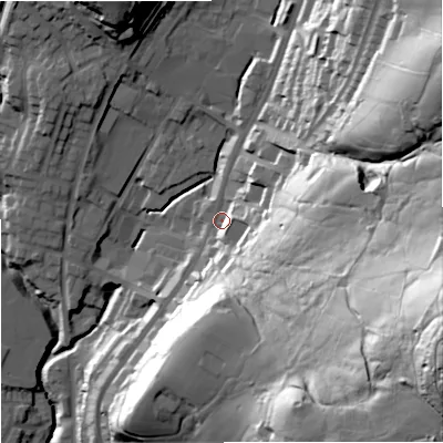 Shaded relief map of the ground around OL128QW, computed from Environment Agency LiDAR. The ground here sits at about 224 m above sea level and falls 95 m across the surrounding 800 m. Surface water reaching this point runs off ground lying to the east-south-east, 82.3 m higher.
