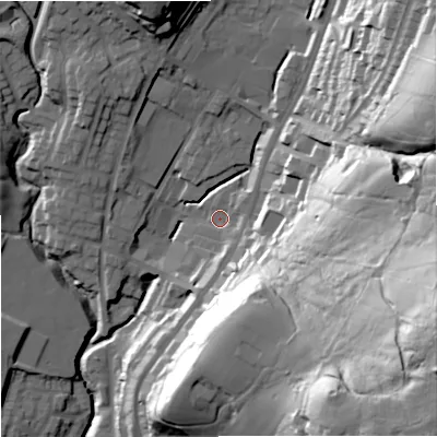 Shaded relief map of the ground around OL128RA, computed from Environment Agency LiDAR. The ground here sits at about 221 m above sea level and falls 79 m across the surrounding 800 m. Surface water reaching this point runs off ground lying to the east-south-east, 68.7 m higher.