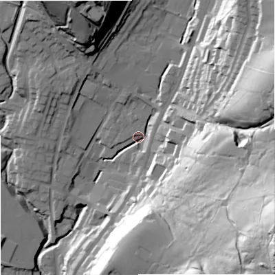 Shaded relief map of the ground around OL128RB, computed from Environment Agency LiDAR. The ground here sits at about 221 m above sea level and falls 85 m across the surrounding 800 m. Surface water reaching this point runs off ground lying to the south-east, 77.3 m higher.
