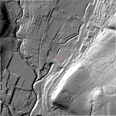 Shaded relief map of the ground around OL128RE, computed from Environment Agency LiDAR. The ground here sits at about 219 m above sea level and falls 70 m across the surrounding 800 m. Surface water reaching this point runs off ground lying to the south-east, 62.0 m higher.